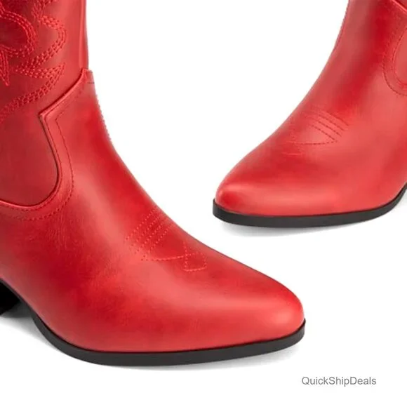 Women's Embroidered Western Ankle Boots Low Chunky Heel Pointed Toe